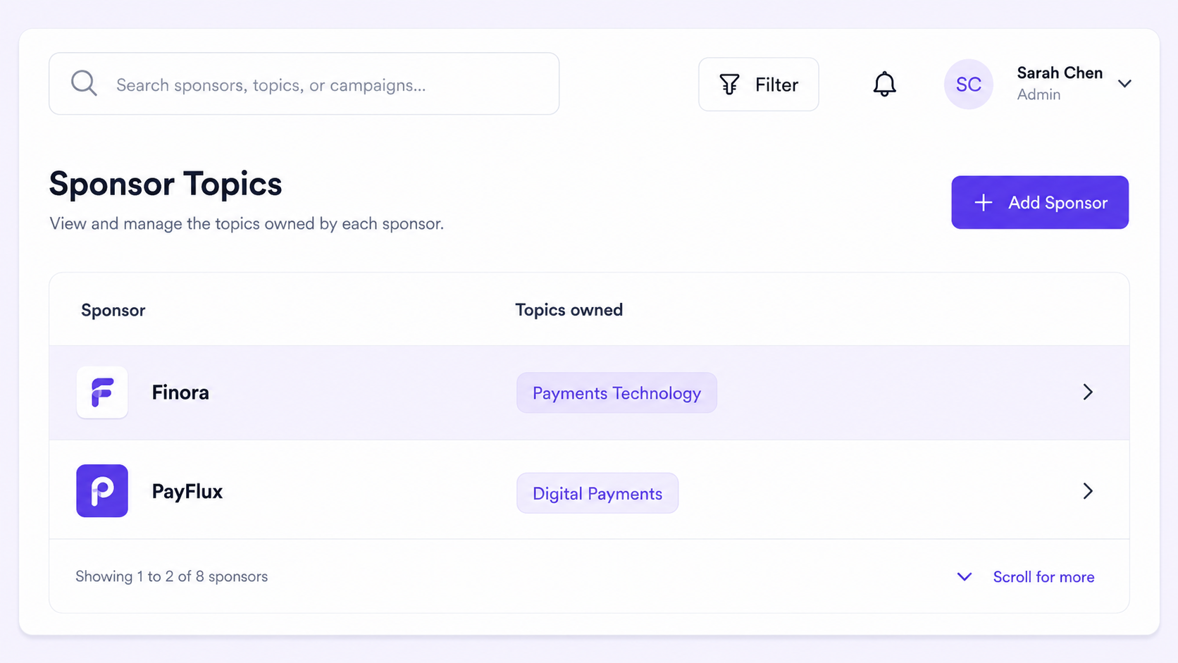 Assign each sponsor a topic to own